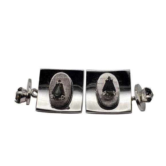 Smoke Faceted Glass Cufflinks Silver Tone Teardrop Crystal Double Links MCM - Picture 10 of 12